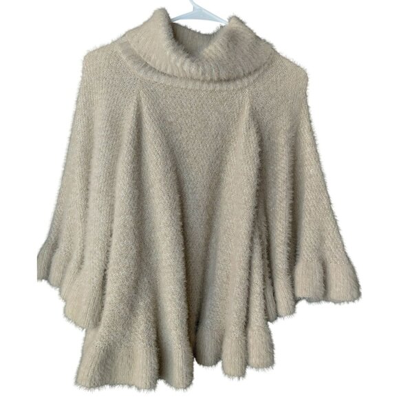 Anthropologie Beige Fluffy Knit Poncho With Turtleneck - Picture 5 of 7